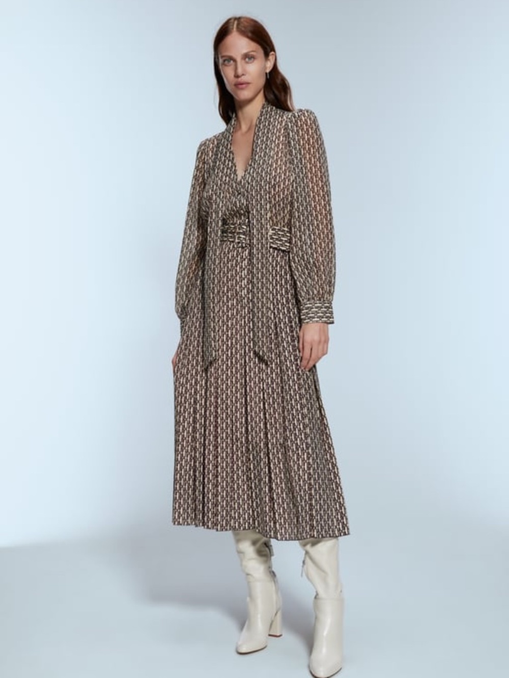 Zara Long Sleeve Scarf-Neck Geometric Midi Dress - Cream & Brown